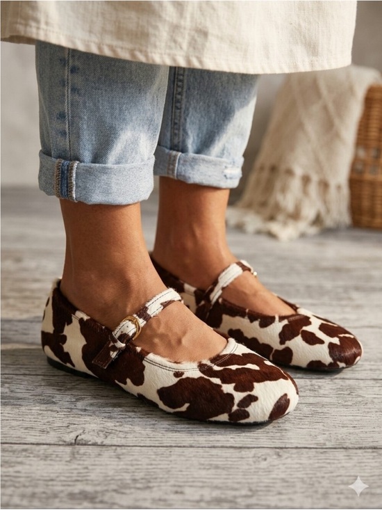 Zara Shoes - Zara Cow Print Mary Jane Flats - Leather Brown & White
